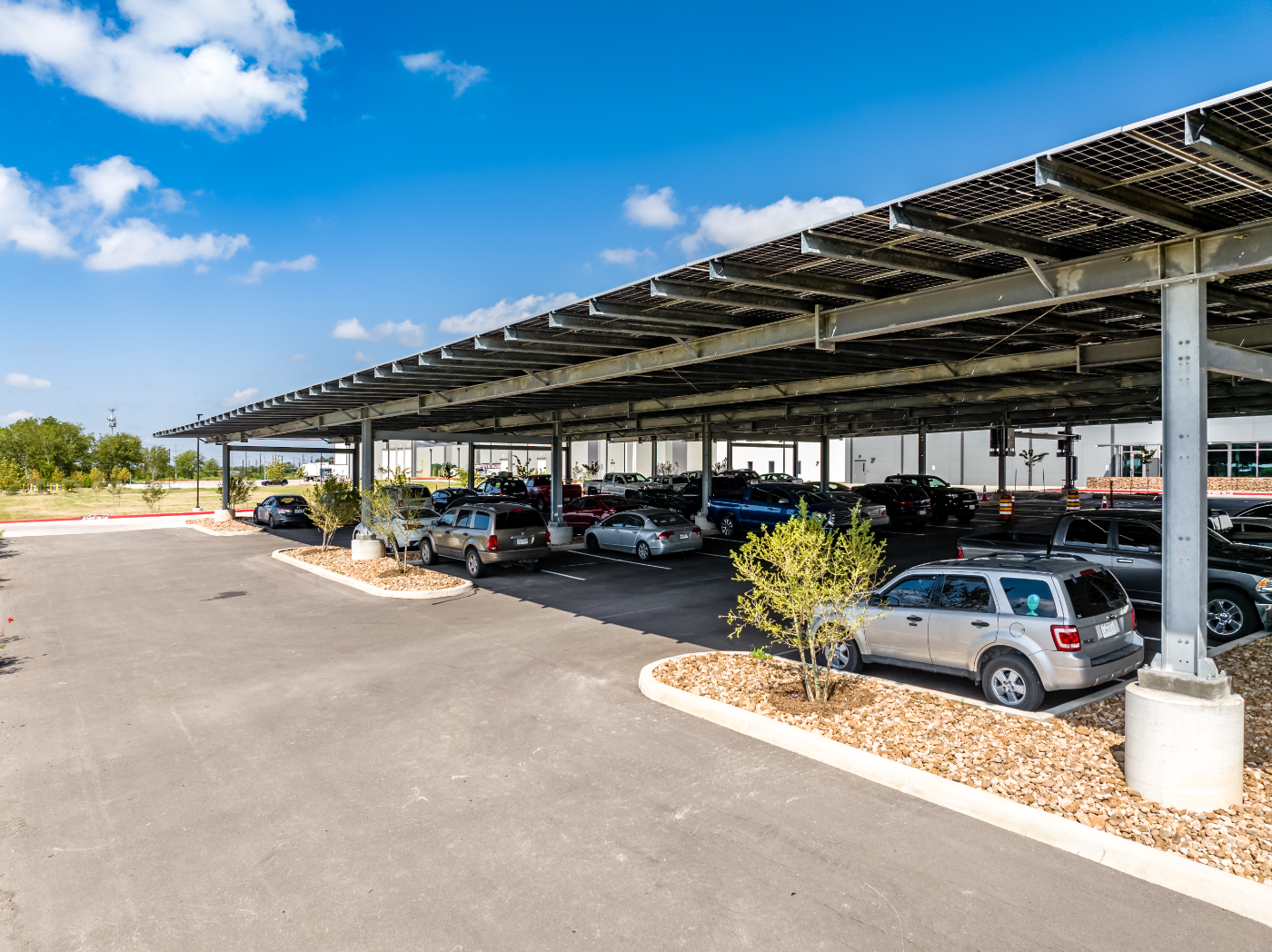 Aerial view of a Polar Racking solar carport installation